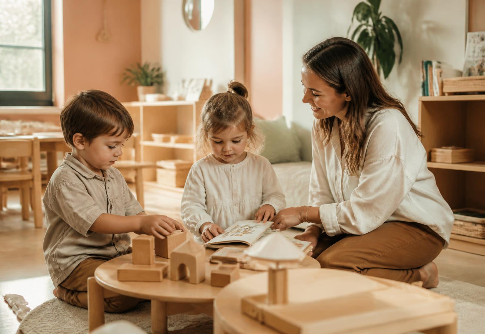 Une éducatrice accompagne deux jeunes enfants qui explorent des livres et des jeux en bois dans une salle lumineuse